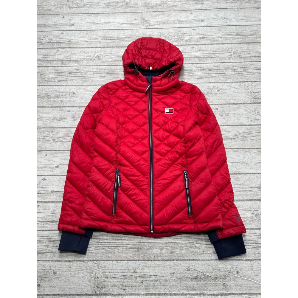 Tommy Hilfiger Puffer Jacket Women's Small Red Quilted Packable Hooded Gorpcore